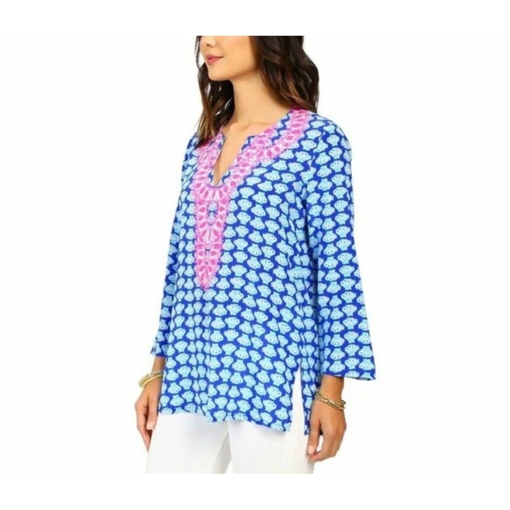 Lilly Pulitzer Renato Tunic Top Womens Medium Blue Pink Silk Seashell Resort
